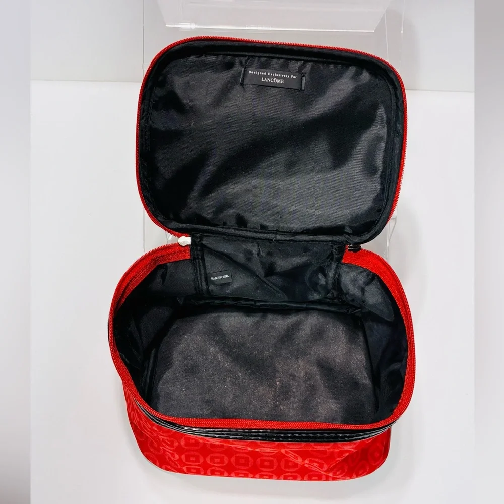 Y2K Lancôme Red Geometric Pattern Cosmetic Bag Black Patent Trim 6x7x4.5 Vintage